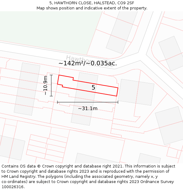 5, HAWTHORN CLOSE, HALSTEAD, CO9 2SF: Plot and title map