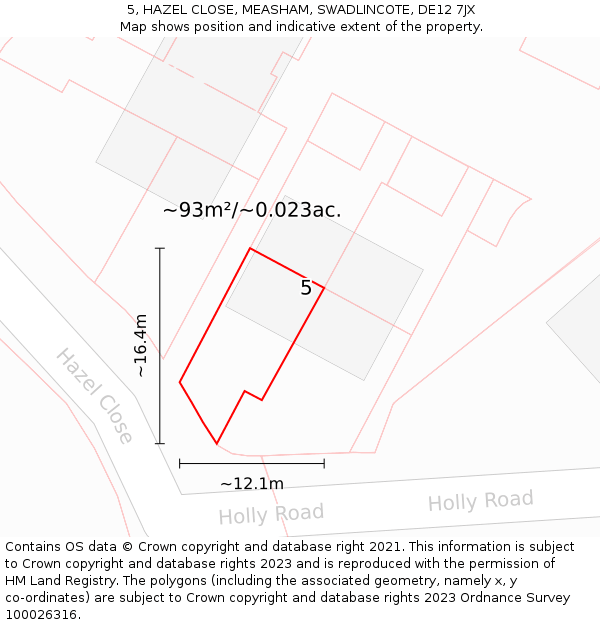 5, HAZEL CLOSE, MEASHAM, SWADLINCOTE, DE12 7JX: Plot and title map