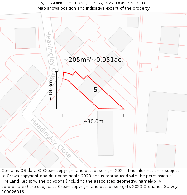 5, HEADINGLEY CLOSE, PITSEA, BASILDON, SS13 1BT: Plot and title map