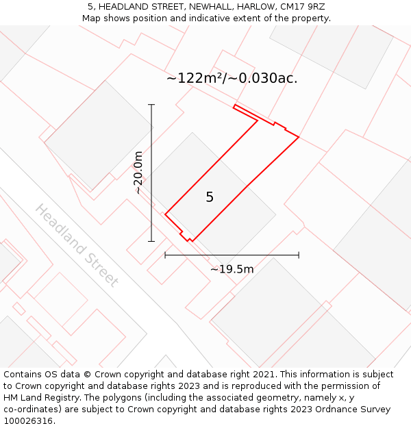 5, HEADLAND STREET, NEWHALL, HARLOW, CM17 9RZ: Plot and title map