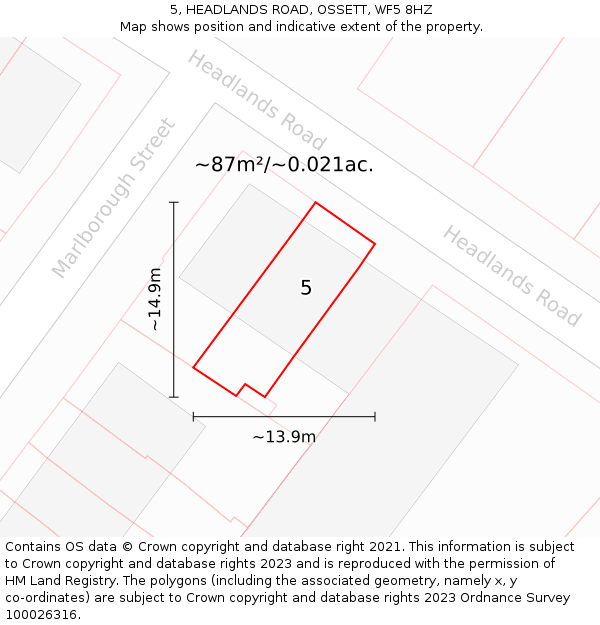 5, HEADLANDS ROAD, OSSETT, WF5 8HZ: Plot and title map