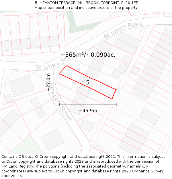 5, HEANTON TERRACE, MILLBROOK, TORPOINT, PL10 1EF: Plot and title map
