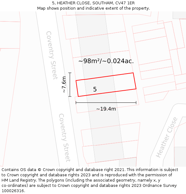 5, HEATHER CLOSE, SOUTHAM, CV47 1ER: Plot and title map