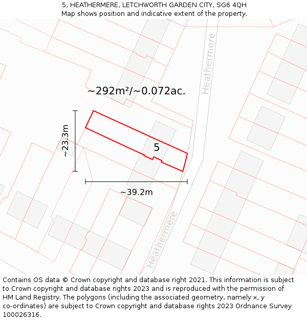 5, HEATHERMERE, LETCHWORTH GARDEN CITY, SG6 4QH: Plot and title map