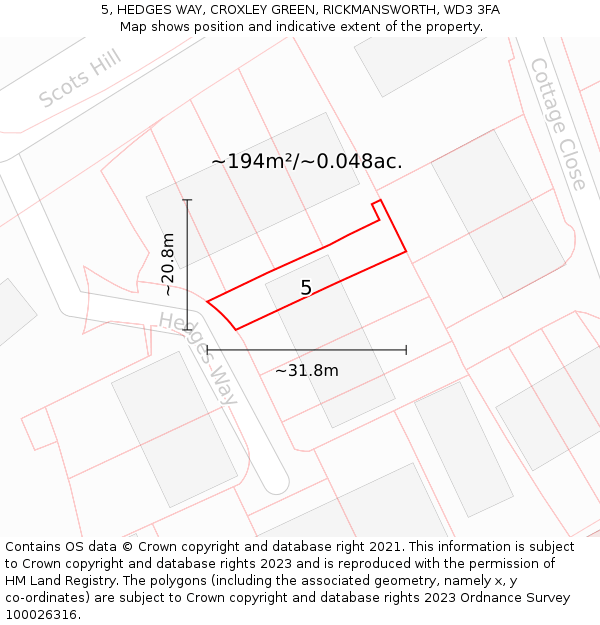5, HEDGES WAY, CROXLEY GREEN, RICKMANSWORTH, WD3 3FA: Plot and title map