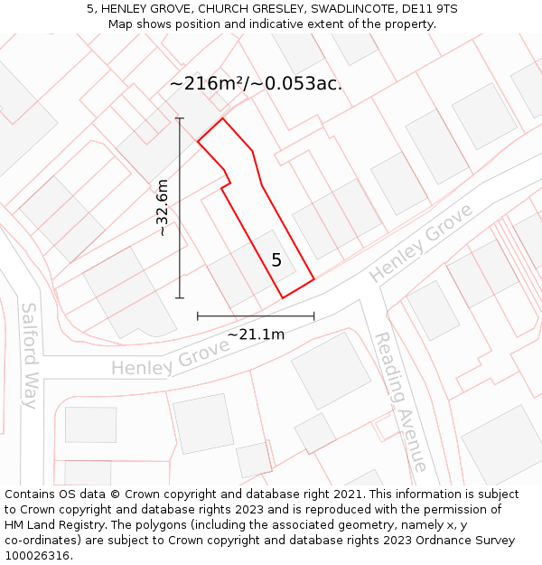 5, HENLEY GROVE, CHURCH GRESLEY, SWADLINCOTE, DE11 9TS: Plot and title map