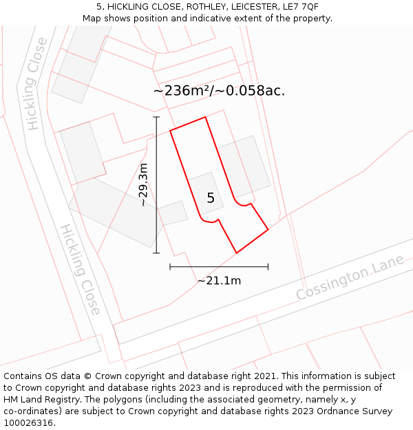 5, HICKLING CLOSE, ROTHLEY, LEICESTER, LE7 7QF: Plot and title map