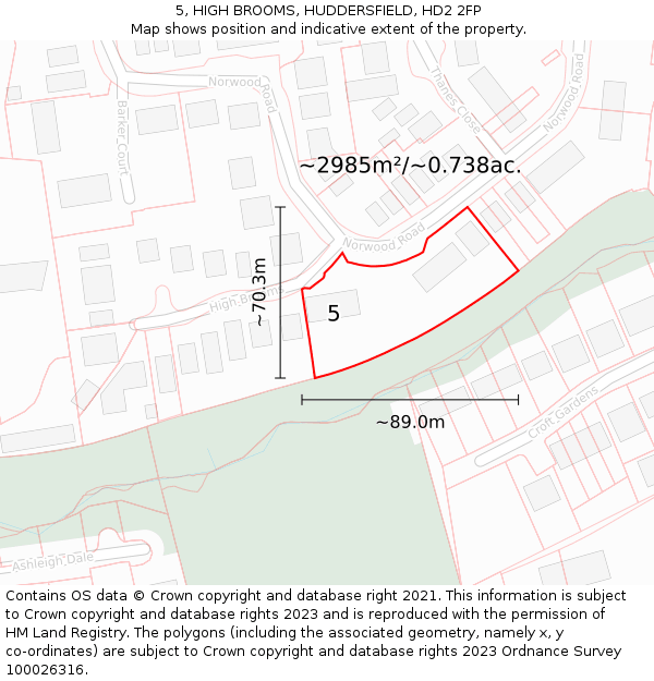 5, HIGH BROOMS, HUDDERSFIELD, HD2 2FP: Plot and title map