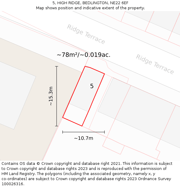 5, HIGH RIDGE, BEDLINGTON, NE22 6EF: Plot and title map