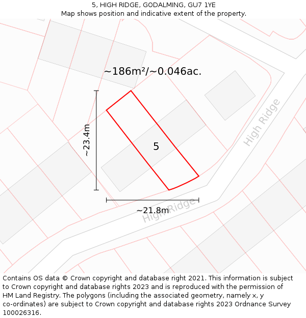 5, HIGH RIDGE, GODALMING, GU7 1YE: Plot and title map