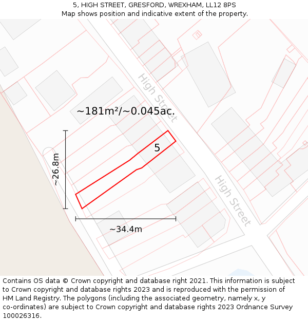 5, HIGH STREET, GRESFORD, WREXHAM, LL12 8PS: Plot and title map