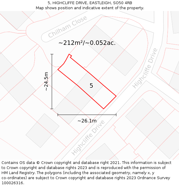 5, HIGHCLIFFE DRIVE, EASTLEIGH, SO50 4RB: Plot and title map