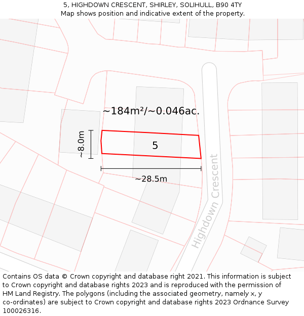 5, HIGHDOWN CRESCENT, SHIRLEY, SOLIHULL, B90 4TY: Plot and title map