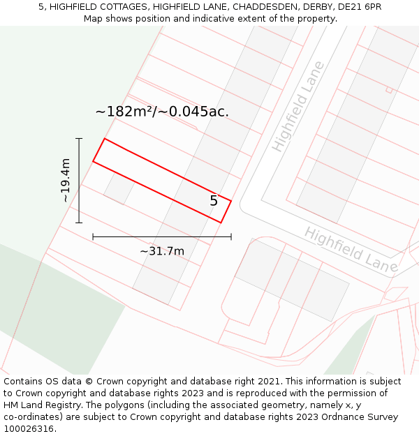 5, HIGHFIELD COTTAGES, HIGHFIELD LANE, CHADDESDEN, DERBY, DE21 6PR: Plot and title map