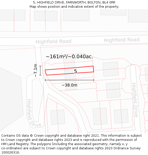 5, HIGHFIELD DRIVE, FARNWORTH, BOLTON, BL4 0RR: Plot and title map
