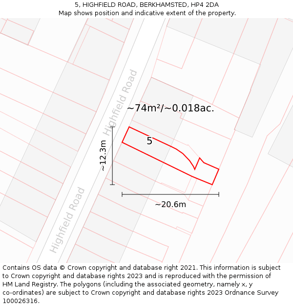5, HIGHFIELD ROAD, BERKHAMSTED, HP4 2DA: Plot and title map