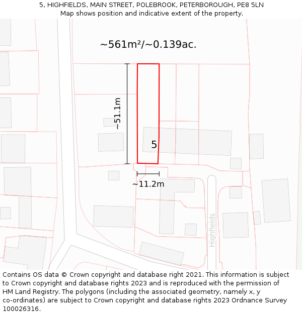 5, HIGHFIELDS, MAIN STREET, POLEBROOK, PETERBOROUGH, PE8 5LN: Plot and title map