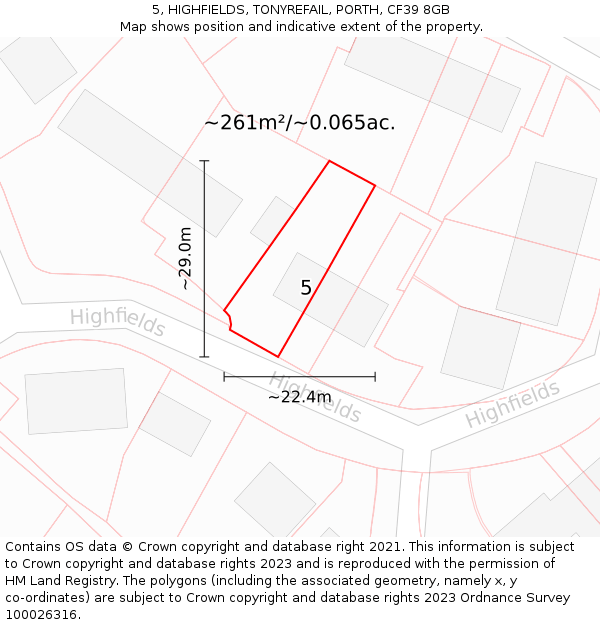 5, HIGHFIELDS, TONYREFAIL, PORTH, CF39 8GB: Plot and title map