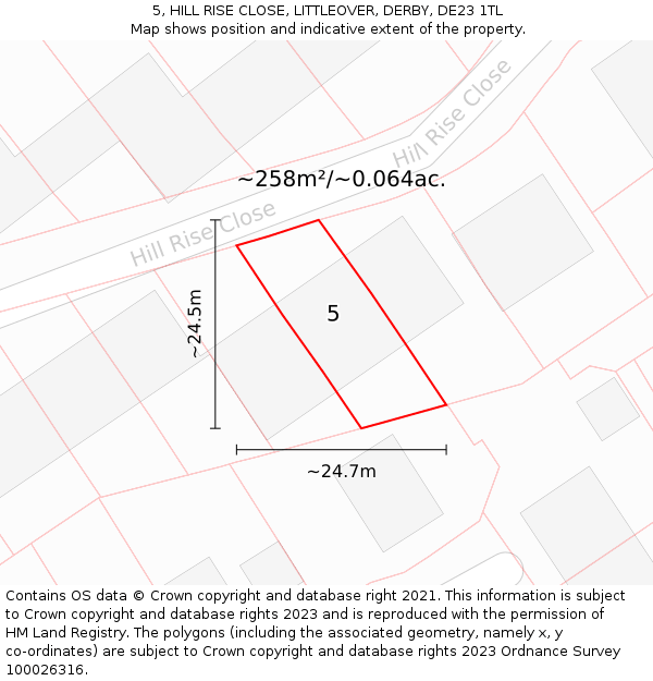5, HILL RISE CLOSE, LITTLEOVER, DERBY, DE23 1TL: Plot and title map