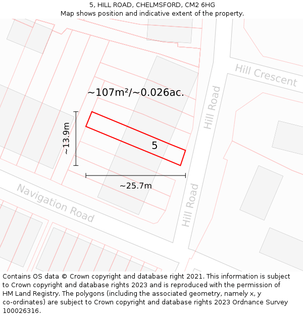 5, HILL ROAD, CHELMSFORD, CM2 6HG: Plot and title map