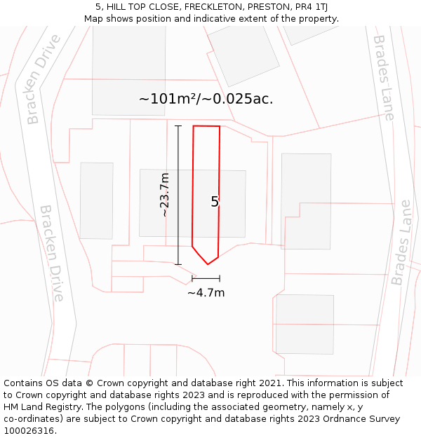 5, HILL TOP CLOSE, FRECKLETON, PRESTON, PR4 1TJ: Plot and title map