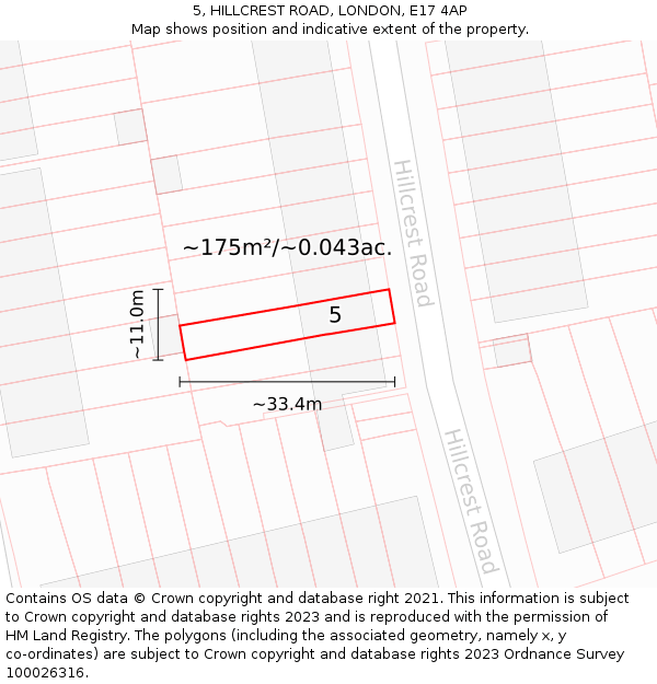 5, HILLCREST ROAD, LONDON, E17 4AP: Plot and title map