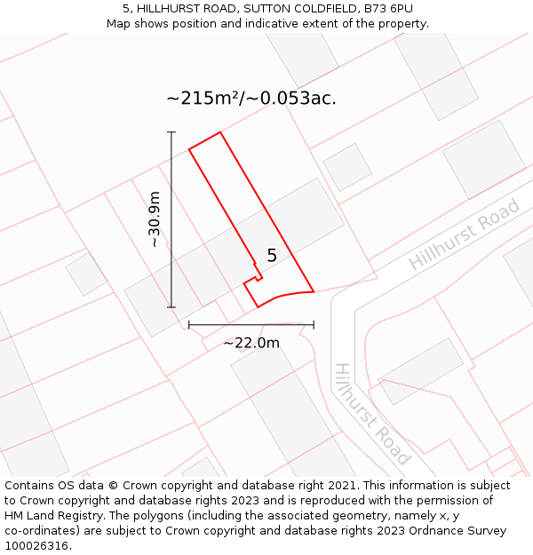 5, HILLHURST ROAD, SUTTON COLDFIELD, B73 6PU: Plot and title map