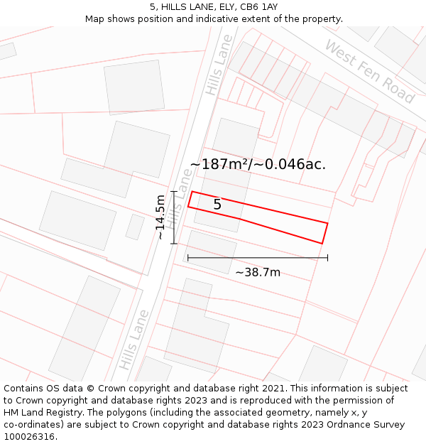 5, HILLS LANE, ELY, CB6 1AY: Plot and title map