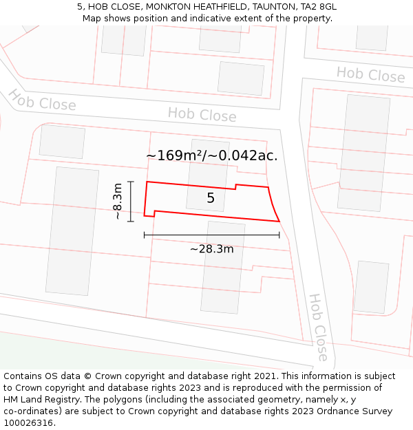 5, HOB CLOSE, MONKTON HEATHFIELD, TAUNTON, TA2 8GL: Plot and title map