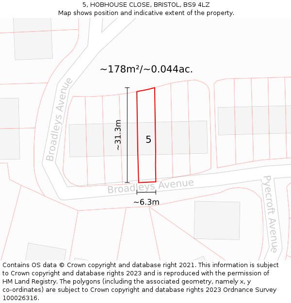 5, HOBHOUSE CLOSE, BRISTOL, BS9 4LZ: Plot and title map