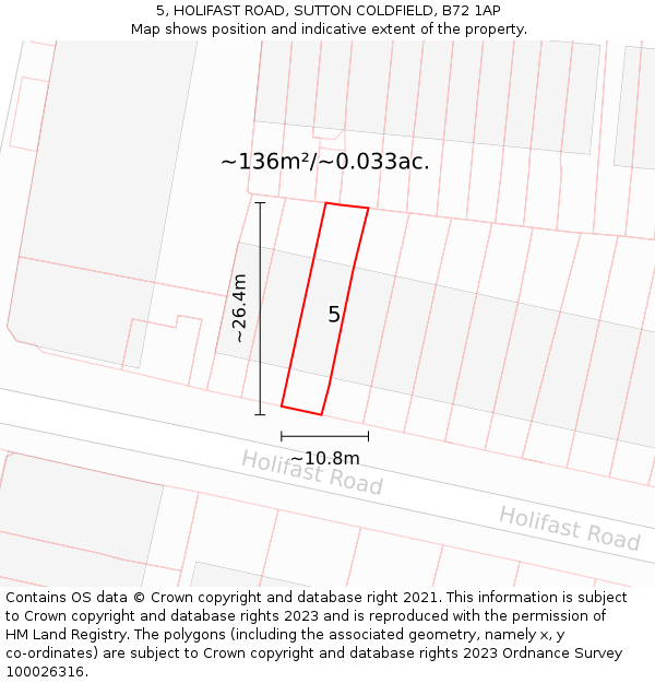 5, HOLIFAST ROAD, SUTTON COLDFIELD, B72 1AP: Plot and title map