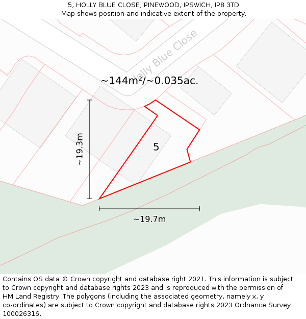 5, HOLLY BLUE CLOSE, PINEWOOD, IPSWICH, IP8 3TD: Plot and title map