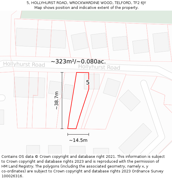 5, HOLLYHURST ROAD, WROCKWARDINE WOOD, TELFORD, TF2 6JY: Plot and title map