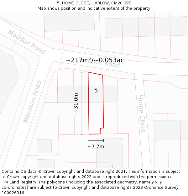5, HOME CLOSE, HARLOW, CM20 3PB: Plot and title map