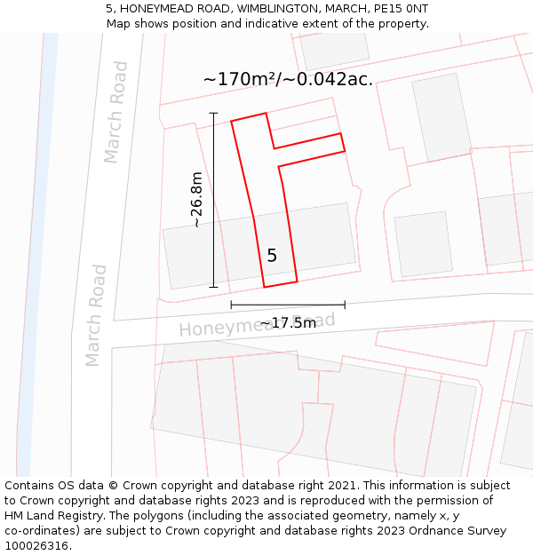 5, HONEYMEAD ROAD, WIMBLINGTON, MARCH, PE15 0NT: Plot and title map