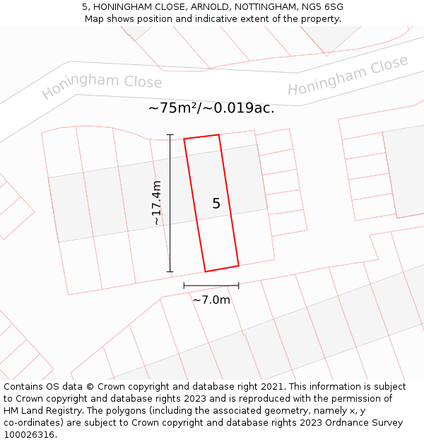 5, HONINGHAM CLOSE, ARNOLD, NOTTINGHAM, NG5 6SG: Plot and title map