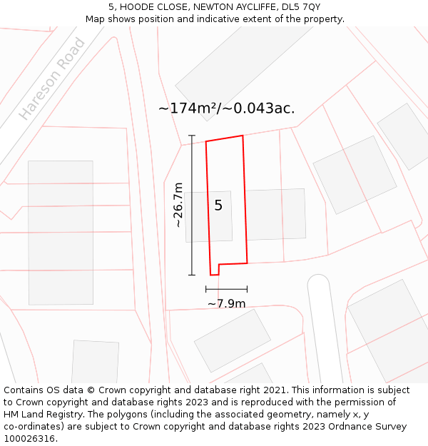 5, HOODE CLOSE, NEWTON AYCLIFFE, DL5 7QY: Plot and title map