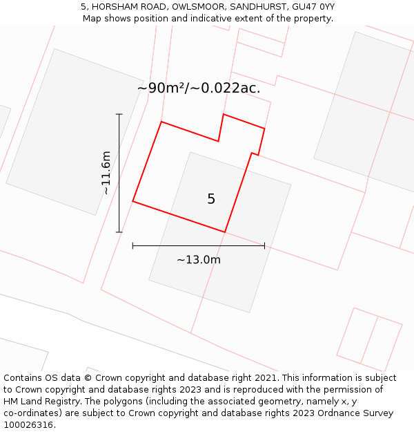 5, HORSHAM ROAD, OWLSMOOR, SANDHURST, GU47 0YY: Plot and title map