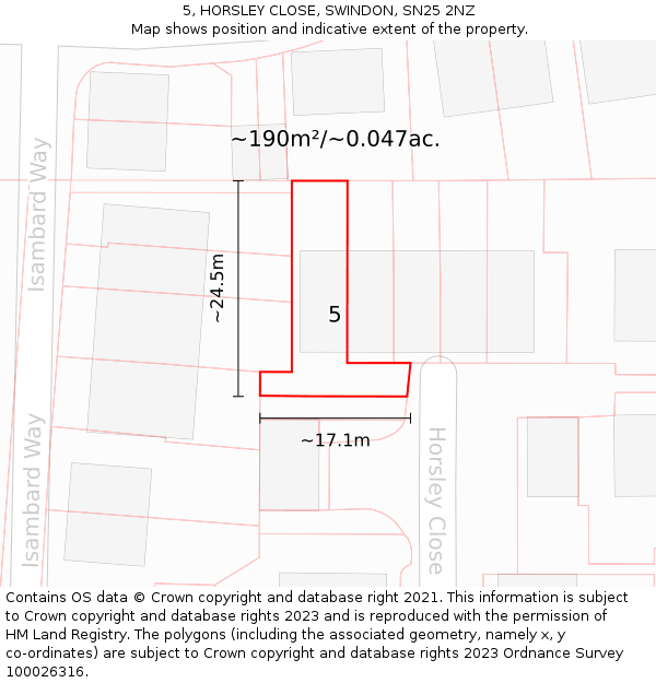 5, HORSLEY CLOSE, SWINDON, SN25 2NZ: Plot and title map