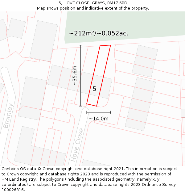 5, HOVE CLOSE, GRAYS, RM17 6PD: Plot and title map