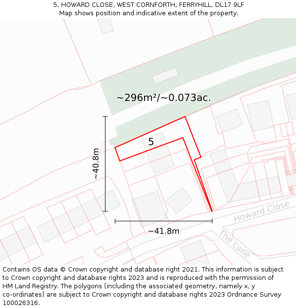 5, HOWARD CLOSE, WEST CORNFORTH, FERRYHILL, DL17 9LF: Plot and title map