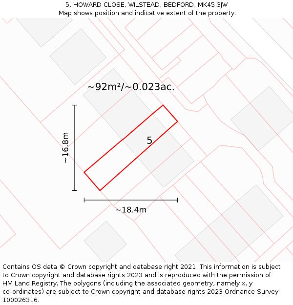 5, HOWARD CLOSE, WILSTEAD, BEDFORD, MK45 3JW: Plot and title map