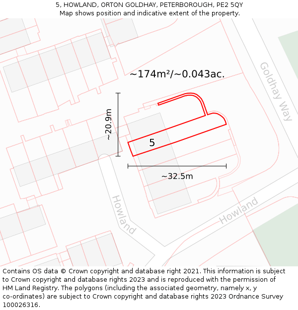 5, HOWLAND, ORTON GOLDHAY, PETERBOROUGH, PE2 5QY: Plot and title map