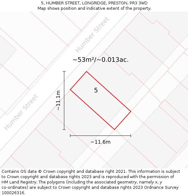 5, HUMBER STREET, LONGRIDGE, PRESTON, PR3 3WD: Plot and title map