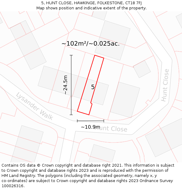 5, HUNT CLOSE, HAWKINGE, FOLKESTONE, CT18 7FJ: Plot and title map