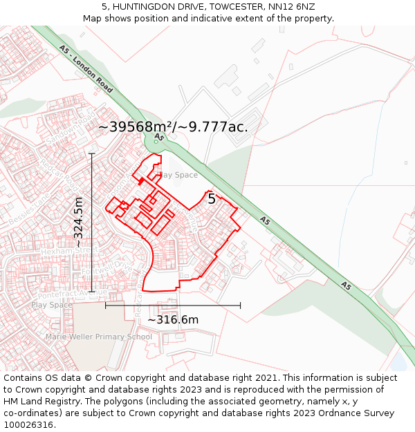 5, HUNTINGDON DRIVE, TOWCESTER, NN12 6NZ: Plot and title map