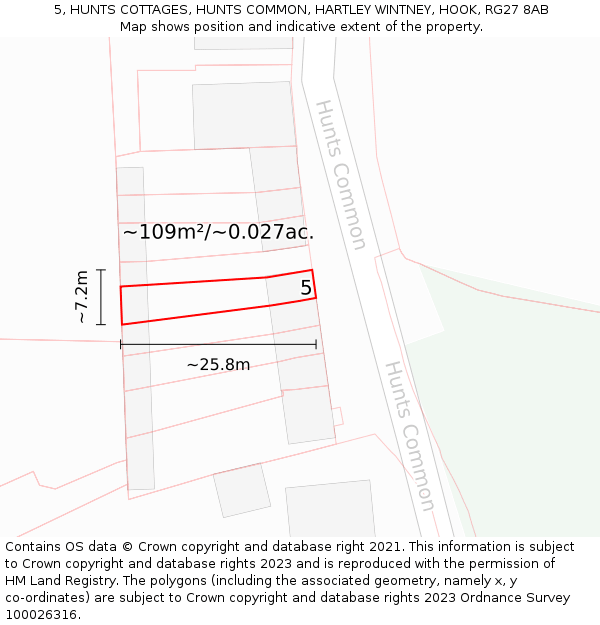 5, HUNTS COTTAGES, HUNTS COMMON, HARTLEY WINTNEY, HOOK, RG27 8AB: Plot and title map