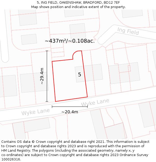 5, ING FIELD, OAKENSHAW, BRADFORD, BD12 7EF: Plot and title map