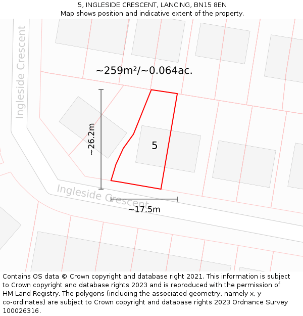 5, INGLESIDE CRESCENT, LANCING, BN15 8EN: Plot and title map