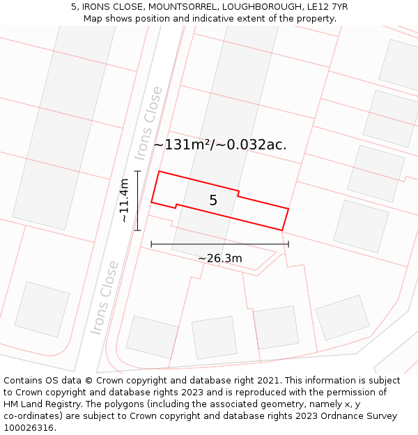 5, IRONS CLOSE, MOUNTSORREL, LOUGHBOROUGH, LE12 7YR: Plot and title map